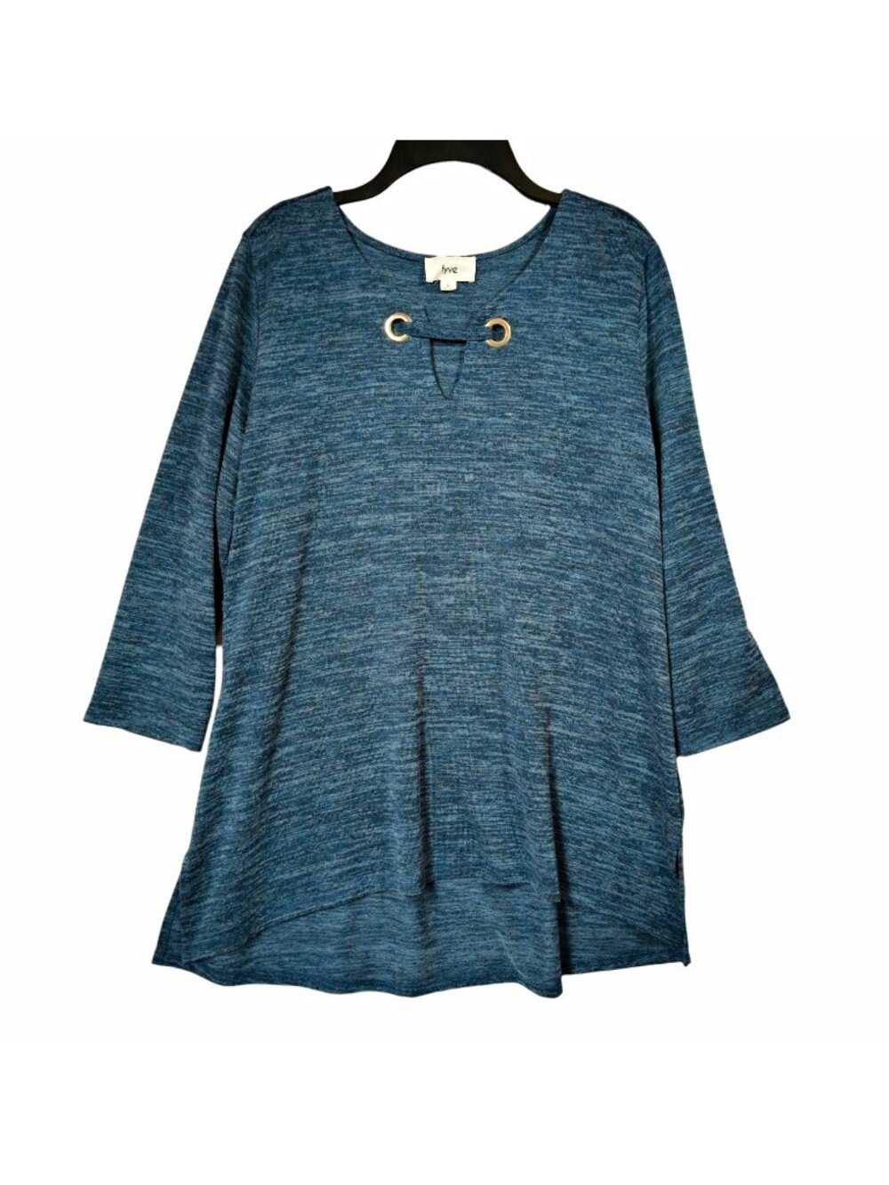 Fyve Large Blue Marled Knit Tunic Top 3/4 Sleeve Grommet Keyhole Stretch